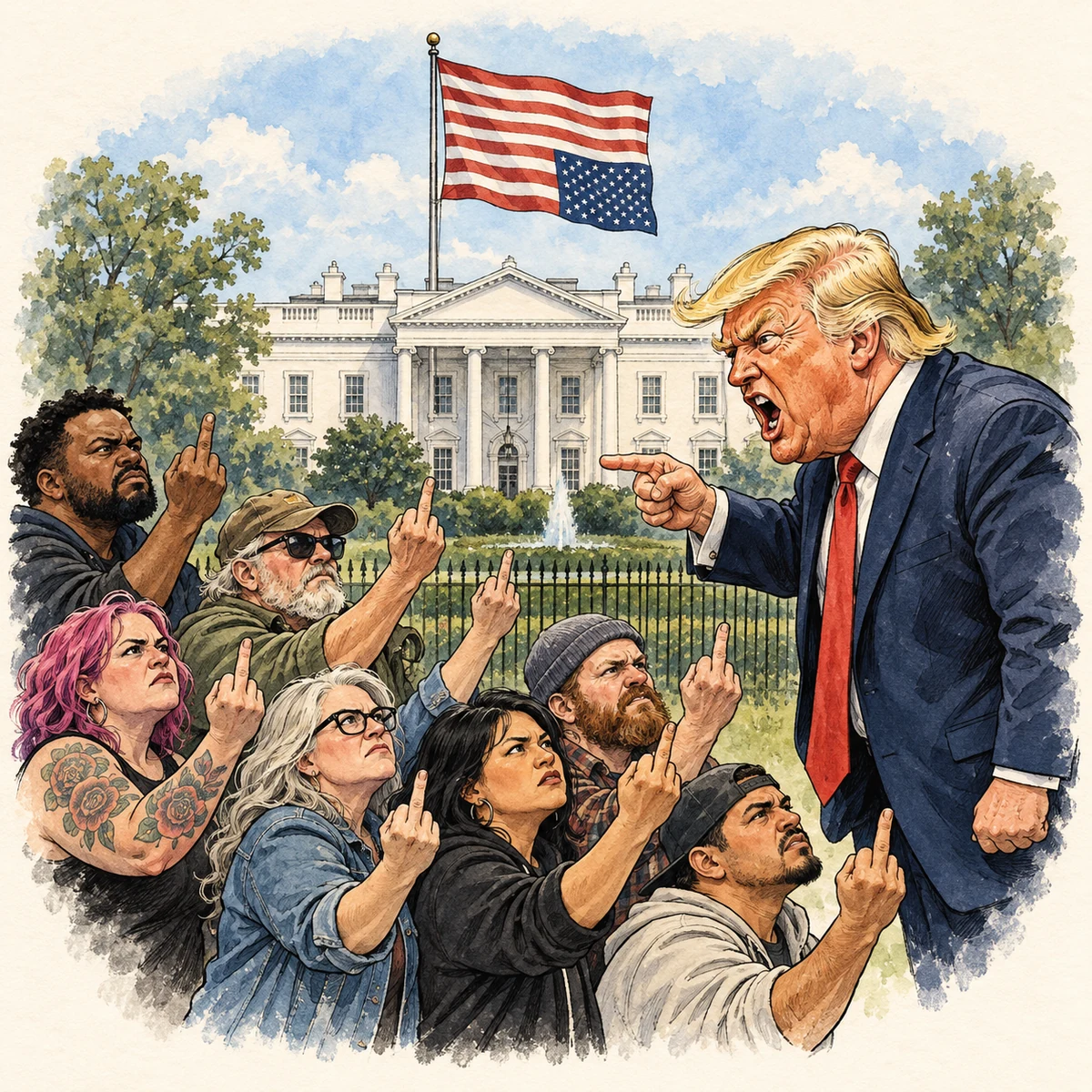 Satirical illustration of Donald Trump facing a crowd raising middle fingers, with the White House and an upside-down US flag behind them.